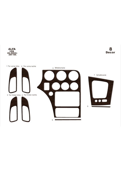 Alfa 159 Konsol-Torpido Kaplama 2005 9 Parça Koyu Meşe