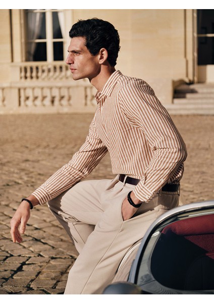 Yeni Sezon Slim Fit Uzun Kollu Çizgili Poplin Erkek Gömlek