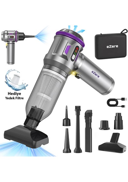 Ezere 17000PA Güçlü Dijital Göstergeli Vakumlu Kablosuz Üflemeli Mini Araç SÜPÜRGESI-(1903)