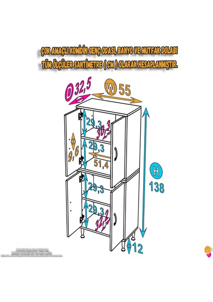 Elmas Çok Amaçlı Dolap 55 cm 4 Kapak 4 Bölmeli Banyo Mutfak Dolabı 55x138x32,5 cm fiyatları