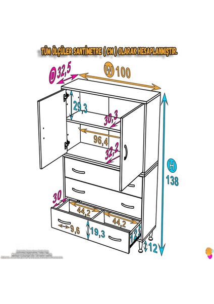 Esil 100 cm Çok Amaçlı Dolap Kapak İçi Çift Raflı ve 3 Çekmeceli Çok Amaçlı Dolap 100x138x32,5 cm fiyatları