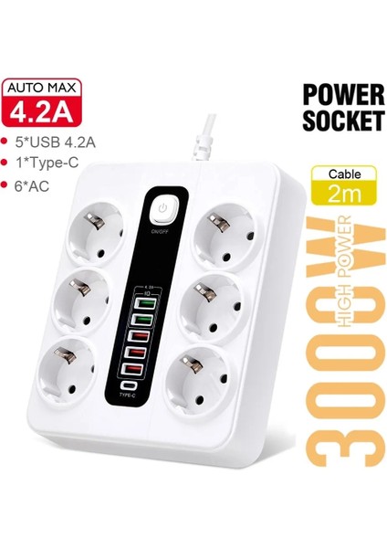 HP-H04 3000W 10AMPER 6’lı 2metre Uzatma Kablolu Çoklu Termal Akım Priz