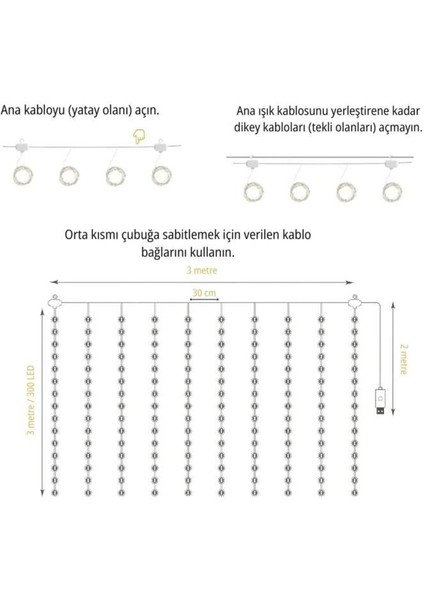 Lw-7 300 Ledli 10 Sarkıt Perde LED Işık, 8 Modlu Uzaktan Kumandalı, 3x3 Metre Peri Telli LED modelleri