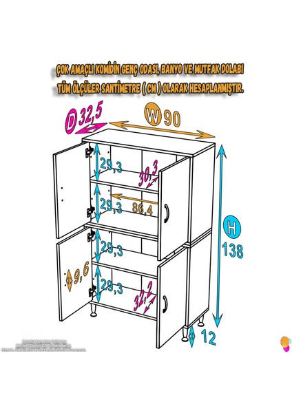 Elmas Çok Amaçlı Dolap 90 cm 4 Kapak 4 Bölmeli Banyo Mutfak Dolabı 90x138x32,5 cm fiyatları