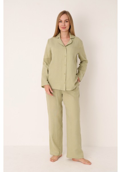 Yeşil Straight Önden Düğmeli Pijama Takım