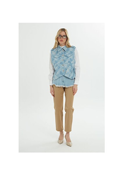 Cep Detaylı Işlemeli Mavi Denım Yelek