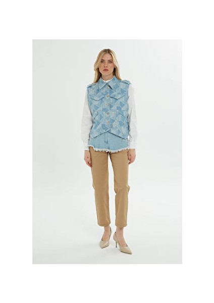 Cep Detaylı Işlemeli Mavi Denım Yelek fiyatları