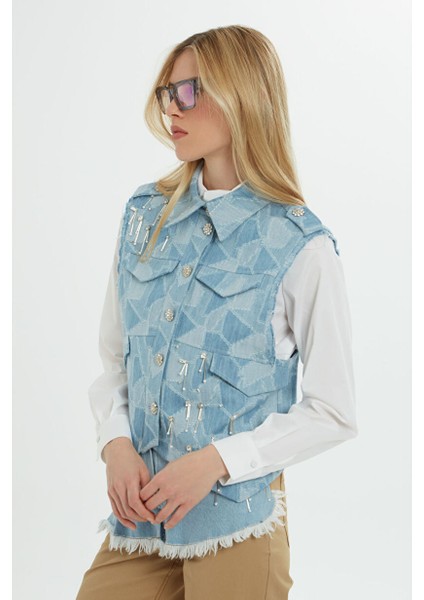 Cep Detaylı Işlemeli Mavi Denım Yelek modelleri