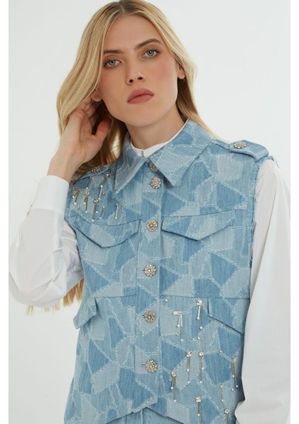 Cep Detaylı Işlemeli Mavi Denım Yelek fırsatları