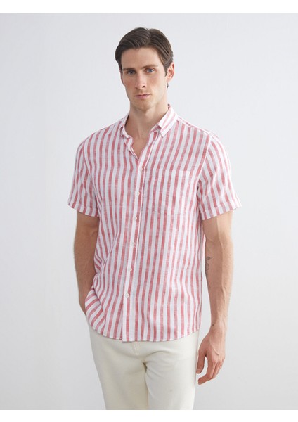 Yeni Sezon Regular Fit Kısa Kollu Çizgili Poplin Erkek Gömlek