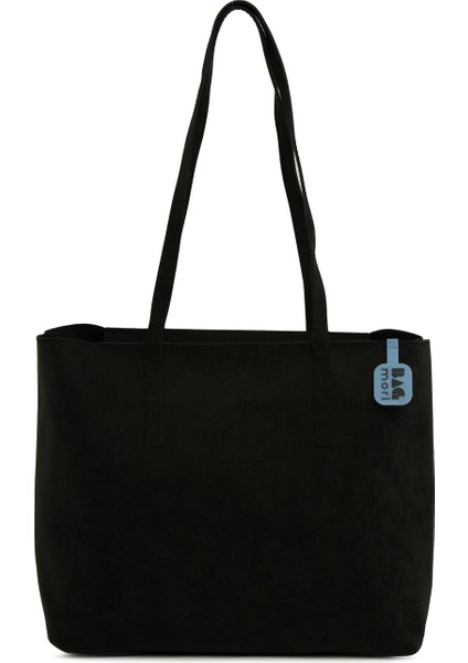 Siyah Ince Askılı Fermuarlı Nubuk Tote Çanta