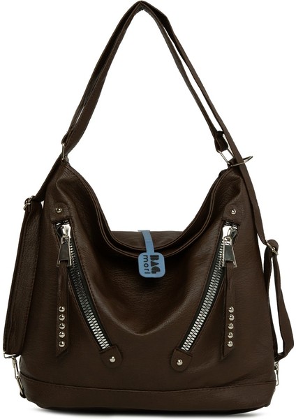 Kahverengi Yumuşak Dokulu Çift Çapraz Fermuarlı Askılı ve Sırt Salaş Çanta