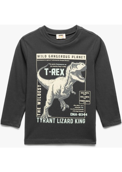 Dinozor Baskılı Uzun Kollu Bisiklet Yaka Tişört