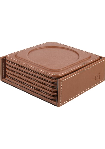 Bardak Altlığı,6’lı Set,masaüstü Yuvarlak Cup Coaster,vegan Suni DERI,11X11 Cm.,taba