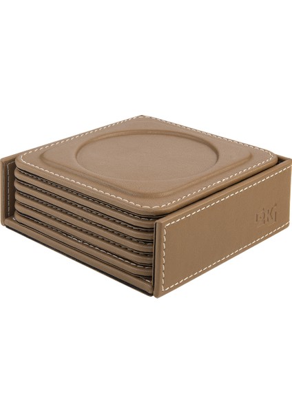 Bardak Altlığı,6’lı Set,masaüstü Yuvarlak Cup Coaster,vegan Suni DERI,11X11 Cm.,vizon