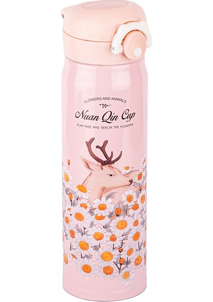 Pembe Sarı Çiçek Desenli Paslanmaz Çelik Termos 500ML