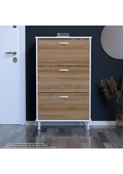 Uygar Antre Meşe Renk Ayakkabılık 3 Düşer Kapak 6 Göz Raf Bölmeli Ayakkabılık 52X119X 25,5 cm