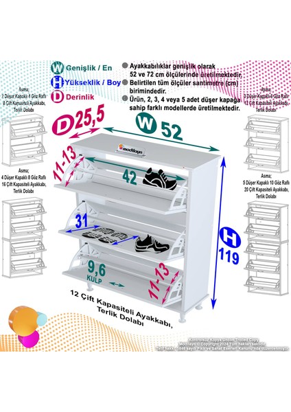 Uygar Antre Meşe Renk Ayakkabılık 3 Düşer Kapak 6 Göz Raf Bölmeli Ayakkabılık 52X119X 25,5 cm fiyatları