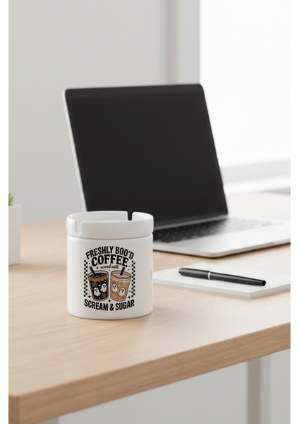 Freshly Bood Coffee Halloween Baskılı Seramik Kapaklı Kokusuz Küllük