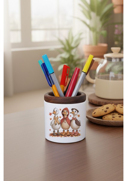 Sonbahar Temalı Sevimli Ördekler Baskılı Seramik Kalemlik Masaüstü Düzenleyici