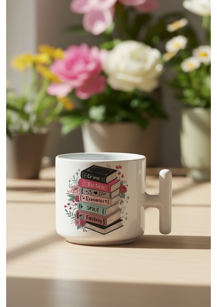 Renkli Kitaplar Baskılı Hediyelik T Kulplu Latte Fincanı Kupa Bardak