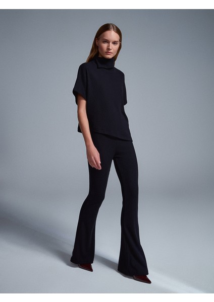 71910 Yüksek Bel Örme Pantolon-Siyah