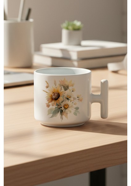 Ayçiçekleri Sonbahar Teması No:1 Baskılı Hediyelik T Kulplu Latte Fincanı Kupa Bardak