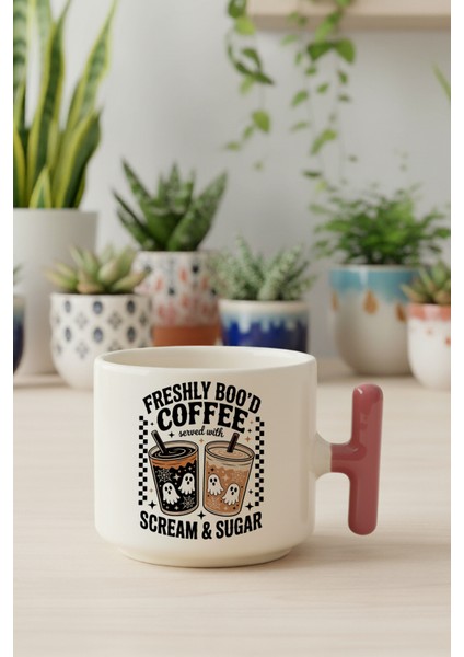 Freshly Bood Coffee Halloween Baskılı Pembe Renkli T Kulplu Latte Fincanı Kupa