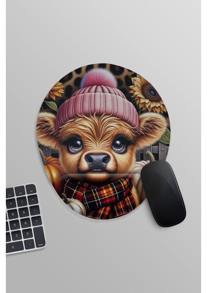 Sonbahar Temalı Sevimli Inek Oyuncu Gaming Oval Bilek Destekli Mousepad