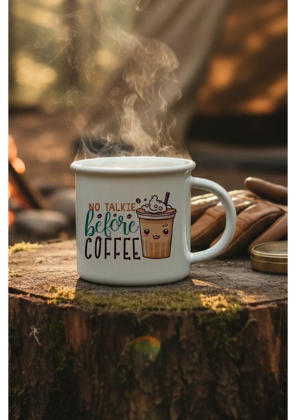 No Talkie Before Coffee Baskılı Enamel Görünümlü Seramik Vintage Kupa Bardak