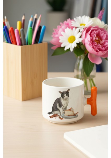 Sonbahar Temalı Sevimli Kedi No:5 Baskılı Turuncu Renkli T Kulplu Latte Fincanı Kupa