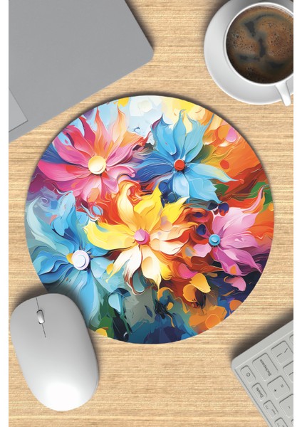 Renkli Çiçekler No:16 Baskılı Yuvarlak Gaming Mousepad
