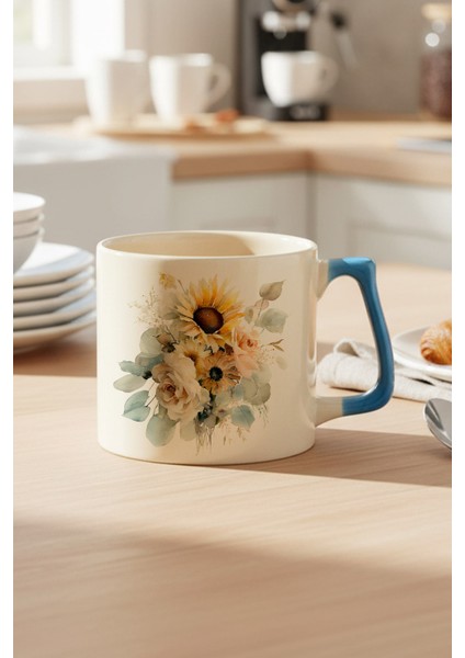 Ayçiçekleri Sonbahar Teması No:4 Baskılı Mavi D Kulplu Kupa Bardak