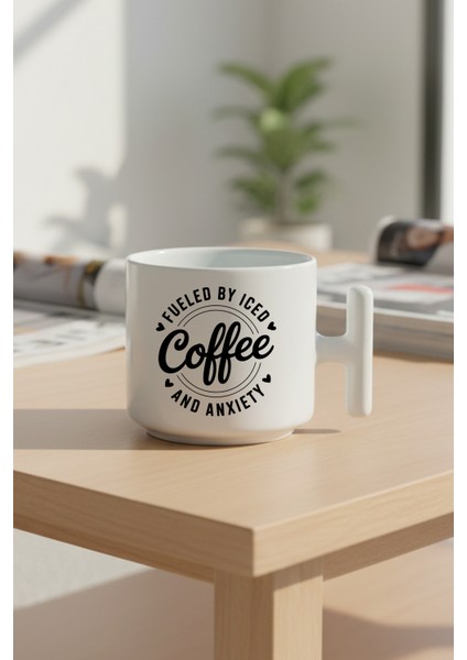 Fueled By Coffee Baskılı Hediyelik T Kulplu Latte Fincanı Kupa Bardak