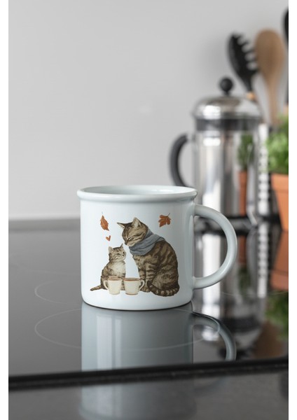 Sonbahar Temalı Sevimli Kedi No:12 Baskılı Enamel Görünümlü Seramik Vintage Kupa Bardak