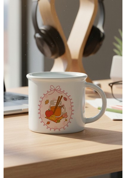 Sonbahar Temalı Elma Baskılı Enamel Görünümlü Seramik Vintage Kupa Bardak