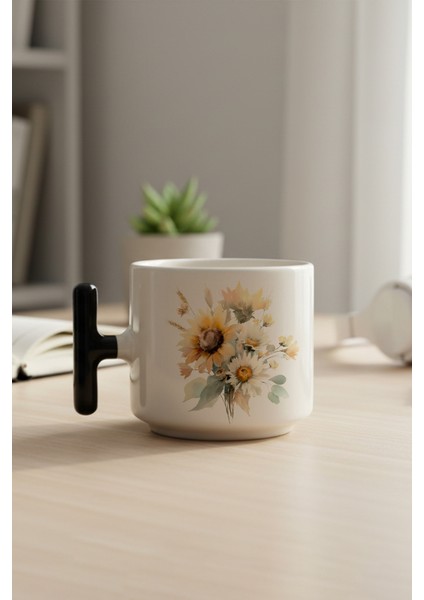 Ayçiçekleri Sonbahar Teması No:1 Baskılı Siyah Renkli T Kulplu Latte Fincanı Kupa