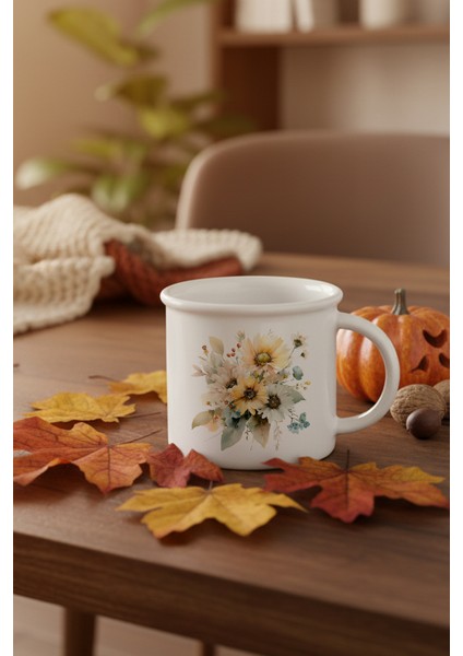 Ayçiçekleri Sonbahar Teması No:5 Baskılı Enamel Görünümlü Seramik Vintage Kupa Bardak