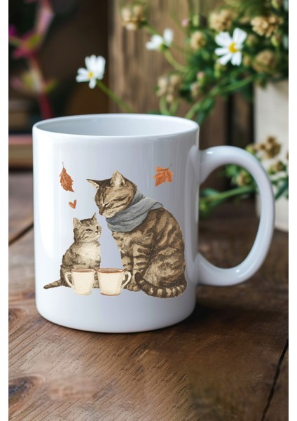 Sonbahar Temalı Sevimli Kedi No:12 Baskılı Hediyelik Kupa Bardak