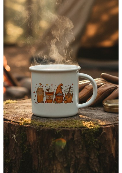 Sonbahar Temalı Kahveler No:6 Baskılı Enamel Görünümlü Seramik Vintage Kupa Bardak