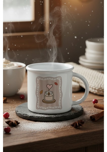 Sonbahar Temalı Mum Baskılı Enamel Görünümlü Seramik Vintage Kupa Bardak
