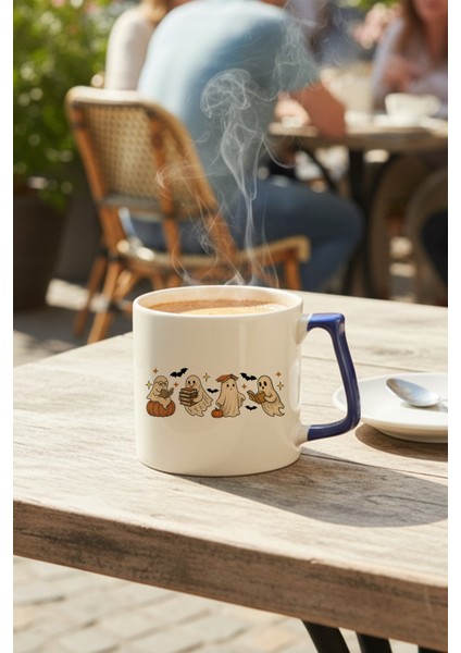 Kitap Okuyan Sevimli Hayaletler Baskılı Lacivert D Kulplu Kupa Bardak