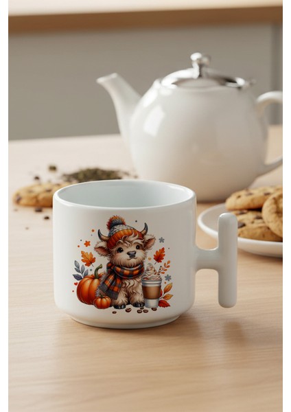 Sonbahar Teması Fall Vibes Highland Cow Baskılı Hediyelik T Kulplu Latte Fincanı Kupa Bardak