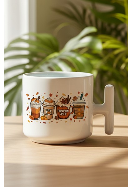 Sonbahar Temalı Kahveler No:1 Baskılı Hediyelik T Kulplu Latte Fincanı Kupa Bardak