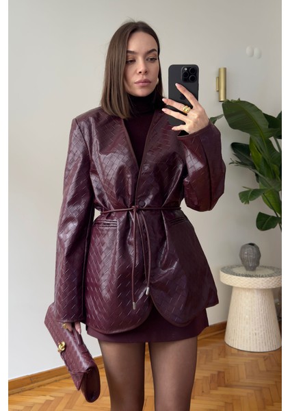 Kare Desen Premium Kemerli Deri Ceket- Bordo