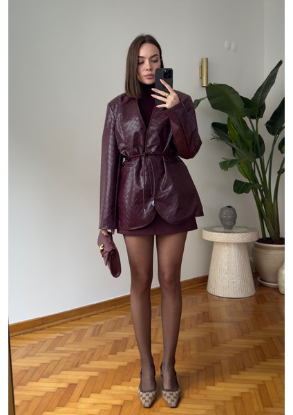 Kare Desen Premium Kemerli Deri Ceket- Bordo fiyatları