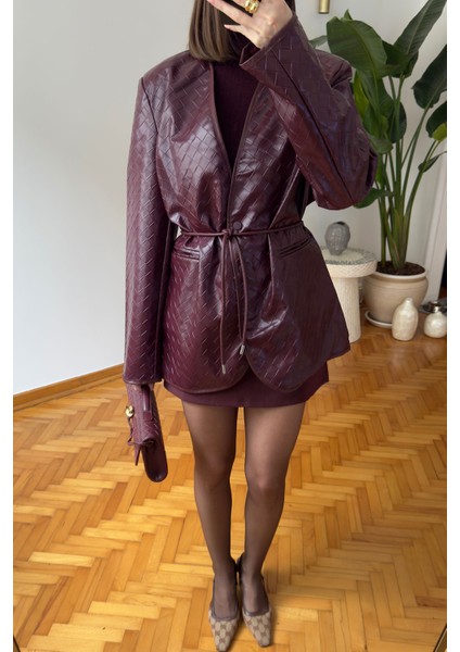 Kare Desen Premium Kemerli Deri Ceket- Bordo modelleri