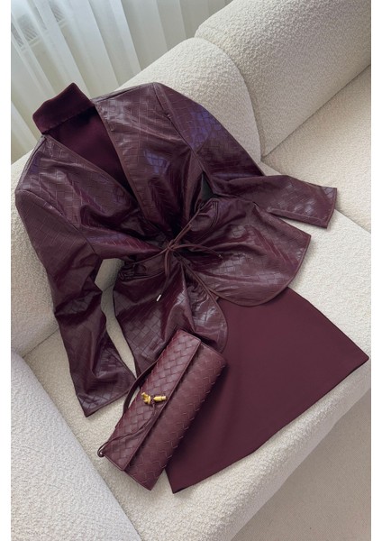 Kare Desen Premium Kemerli Deri Ceket- Bordo fırsatları