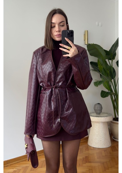 Kare Desen Premium Kemerli Deri Ceket- Bordo indirimleri