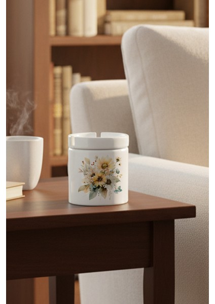 Ayçiçekleri Sonbahar Teması No:5 Baskılı Seramik Kapaklı Kokusuz Küllük
